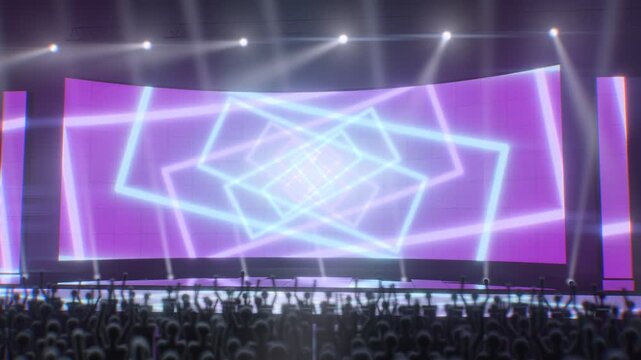 Bright Concert Stage With Curved LED Video Wall Neon Motion Graphics And Crowd Silhouettes