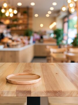 An empty wooden plate rests on a polished wooden table in a softly lit cafe.
