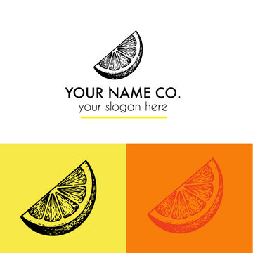 Lemon or orange slice hand drawn vintage illustration logo for your company name and branding 