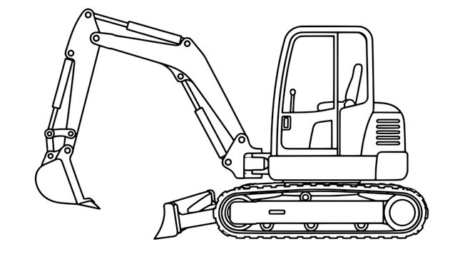Tracked mini excavator with front dozer blade, rendered as an outline vector illustration with articulated digging boom, toothed scoop bucket, operator cab, and crawler tracks for earthmoving