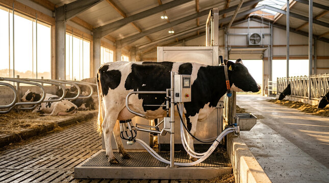 Cinematic livestock photography of a dairy cow being milked with a modern automatic milking machine attached