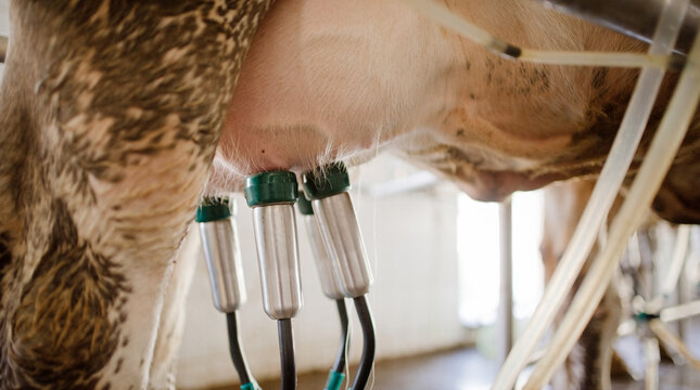 Automatic milking machine gently attached to the udder of a dairy cow during the milking process, clean stainless steel milking equipment