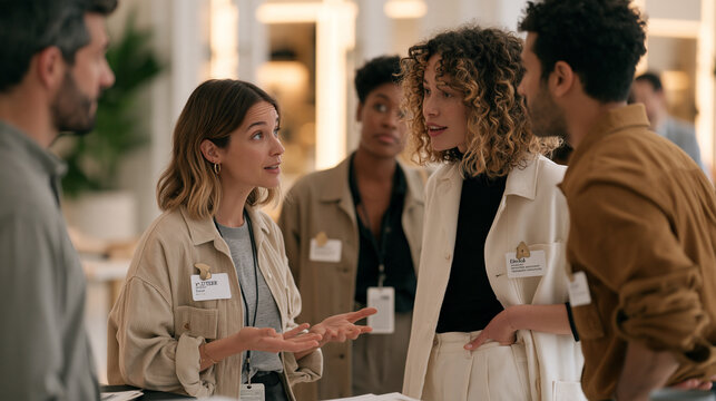 A multicultural decluttering consultancy team gathers in a luxury retail space to resolve a customer complaint, name badge details visible on each jacket lapel, the April