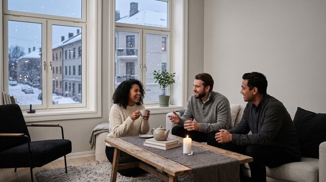 Friends enjoying hot drinks indoors on a snowy winter day