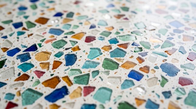 Crumpled glass facing tiles in a colorful mosaic pattern for Eco-Tech  
