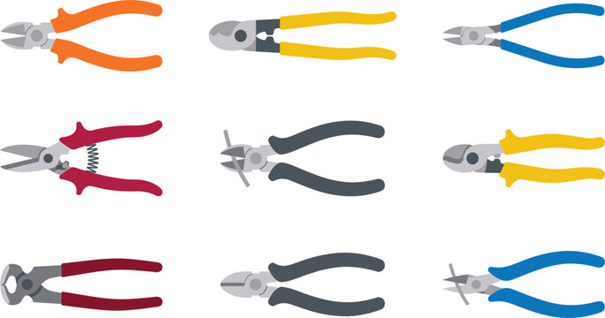 Pliers Diagonal Cutting Nippers Wire Cutter Hardware Hand Tool Flat Icon Set