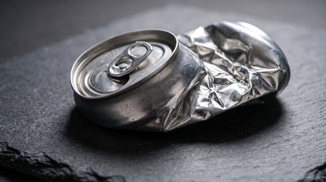 Crushed aluminum can on slate surface representing Eco-Tech & Circular Economy  