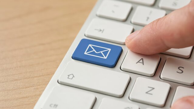 A finger presses the blue email icon button on a modern computer keyboard for sending digital correspondence.