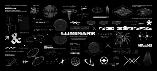 Science and design, graphic pack - 3D spheres, formula, wireframe shapes in quantum mechanics concept. Sci-fi elements - 3d wireframe spheres, black hole funnels, orbits, physics formulas. Vector set