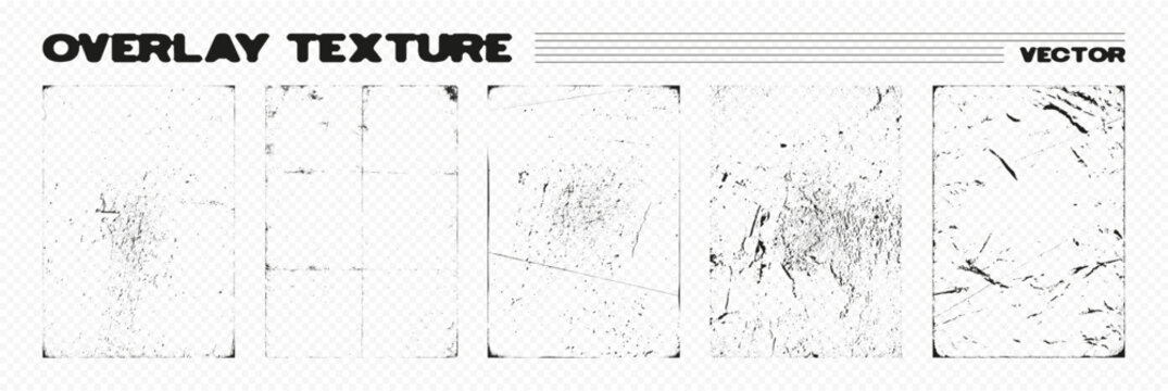 Old paper sheets with creases, scratches, stains, torn, grain, worn, old, grunge effects. Overlay texture, stamps frames templates. Overlay set for vintage photo, old paper. Vector collection