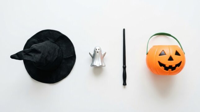 Halloween decorations including a black cat a silver cauldron and an illuminated jack o lantern on a white background