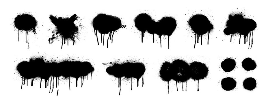 Graffiti spray clouds with dripping paint, splatters, bleeding stains. Aerosol spray paint drips collection. Empty graffiti stencil with smudges, drops. Dirty spray street art templates. Vector set