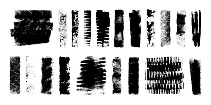 Paint roller marks with rough textures, uneven coverage and distressed edges. Abstract paint strokes, sponge stamp textures, grunge watercolor stripe elements. Vector set - paint roller marks