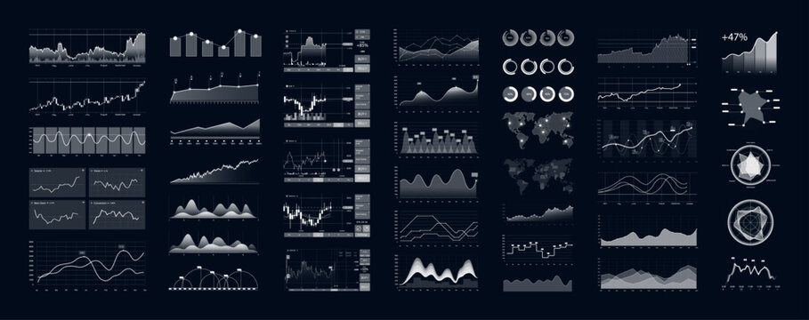 Financial infographic charts with cryptocurrency trading graphs. UI, UX, HUD. Diagrams and charts showing financial statistics, business analytics, economic infographics, and etc. Vector collection
