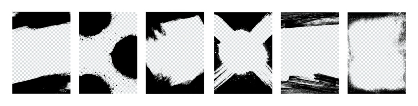 Grunge overlay frames with black ink paintbrush stroke borders, distressed texture card backgrounds, vertical template layouts. Grunge frames, empty borders, vertical template layouts. Vector set