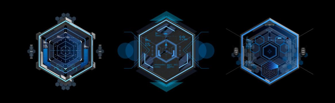 Futuristic HUD, UI hexagonal target aim controls, crosshairs, view from a sniper scope in cyberpunk style. Gaming VR elements, HUD crosshairs, targets controls. Vector graphic for UI, GUI