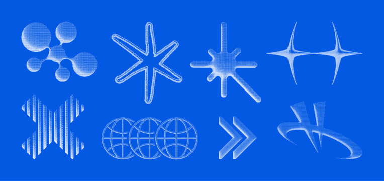 Set of eight 3D retrofuturistic halftone shapes in bitmap style. Acid halftone bitmap 3D geometric shapes  with chrome liquid blobs, retro futuristic starbursts and others. Vector graphic set