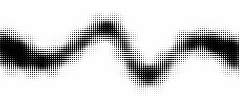 Black halftone dots wave gradient with smooth fade on white background. Monochrome dotted dynamic wave, ribbon pattern. Curved line with halftone effect, flud design. Dotted line. Vector pattern