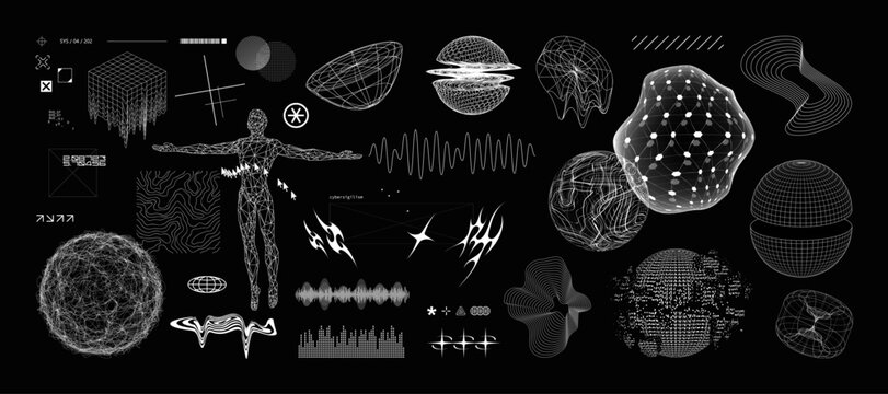 Retrofuturistic universal trendy shapes, shperes and 3d wireframe objects. Sci-fi digital objects and y2k elements, sound waves, tribal, 3d spheres, geometric shapes. Y2K sci-fi graphic collection