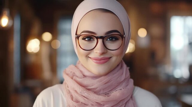 Close-up of a smiling young Muslim woman wearing a pink hijab and glasses. Blurred warm background.
