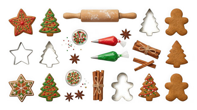 Christmas Baking Items Arranged, Festive Holiday Treats and Decorations, Gingerbread Cookies and Icing Piping Bags
