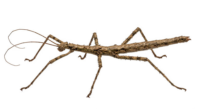 A detailed brown stick insect standing on a flat surface in profile view