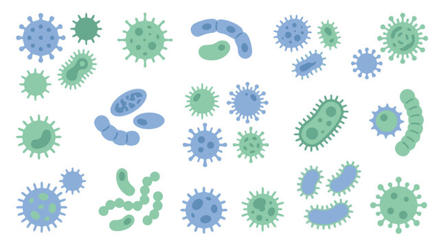 Cartoon illustration set of various microbes, bacteria, and viruses