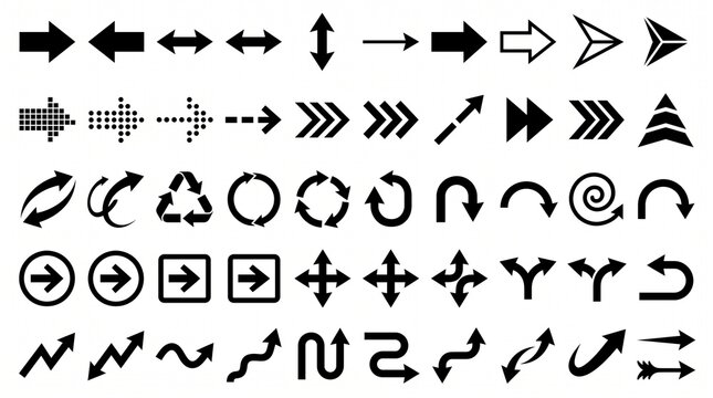 A high-resolution vector clipart collection featuring dozens of different black arrows arranged in five neat horizontal rows on a pure white background. The collection includes bold right-pointing arr