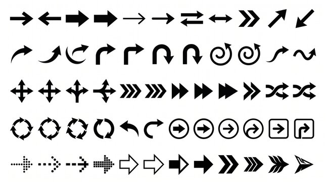 A high-resolution vector clipart collection featuring dozens of different black arrows arranged in five neat horizontal rows on a pure white background. The collection includes bold right-pointing arr