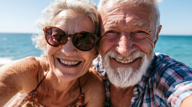 senior couple tourist. Enjoy free time outdoors near the sea on the beach. Looking at the camera while relaxing on a clear day Poses for travel selfies smiling happy tropical