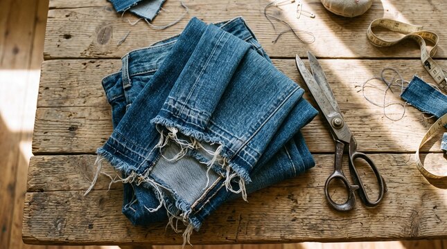 Old jeans prepared for recycling. Eco-technologies and the circular economy