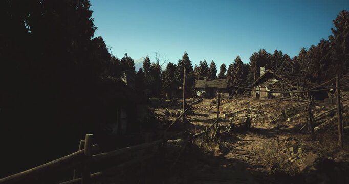 Charred fence, burnt trees, smoldering ground dusklit horizon frames abandoned homestead beyond, pine silhouettes against smoky sky, scattered ash and glowing