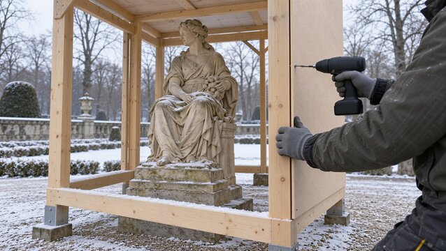 Worker fastening plywood wall panel to ventilated timber enclosure around sandstone statue, winter heritage protection against snow and moisture in a historic garden