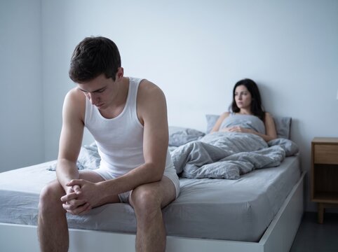 Young adult man sitting dejectedly on bed near partner, representing sexual health disorders