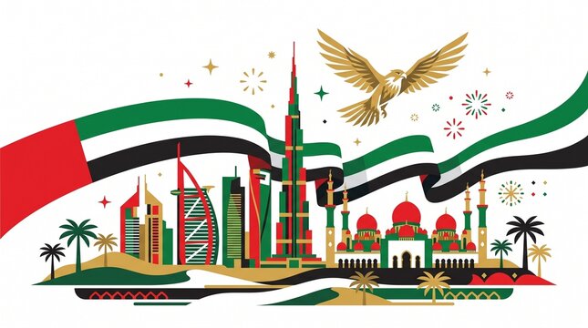 UAE National Day celebration vector illustration with United Arab Emirates flags and landmarks