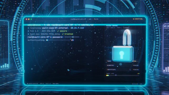 Terminal ACCESS DENIED 3D Cyber Security Login Failure Red Alert Padlock Hologram Server Loop