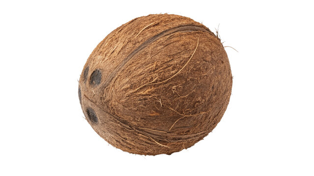 Whole hard brown coconut shell nut with organic detailed hairy texture isolated on transparent background.