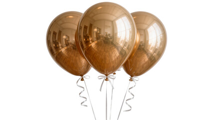 Three shiny bronze balloons with silver ribbons, isolated on transparent background © Alexa