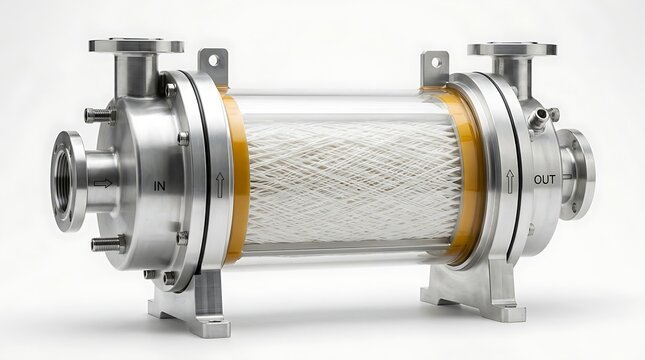 Industrial stainless steel membrane filtration module for liquid processing.