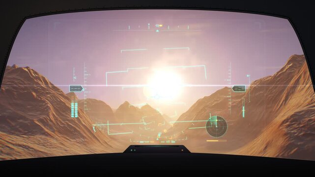 Futuristic 3D Fighter Jet Cockpit HUD Display Flight Through Sunset Canyon Loop