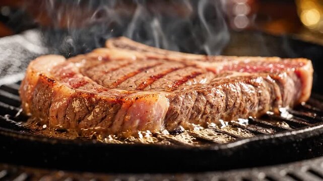 Juicy beef ribeye steak sizzling in a hot cast-iron skillet with melting butter and rising steam. Perfect for cooking videos, food commercials, and restaurant menus.