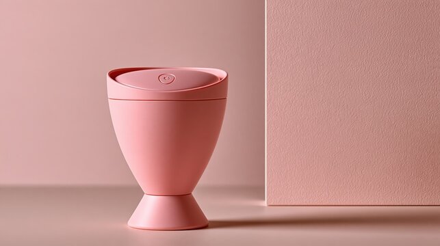 Pink smart menstrual cup with a lid beside a pastel panel on a soft pink background, cycle tracking, femtech