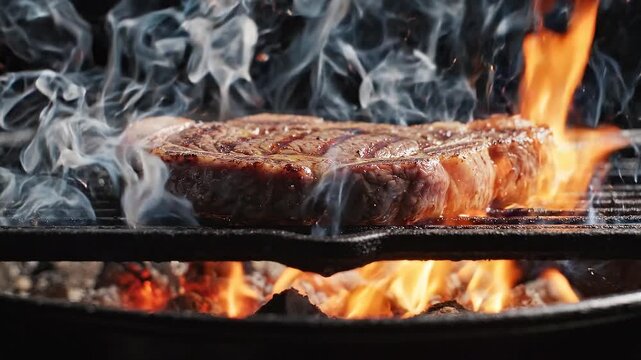Juicy beef ribeye steak sizzling in a hot cast-iron skillet with melting butter and rising steam. Perfect for cooking videos, food commercials, and restaurant menus.