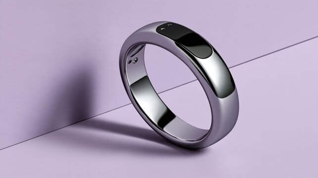 Silver fertility tracking ring with a black sensor window casting a shadow on a lilac wall, femtech