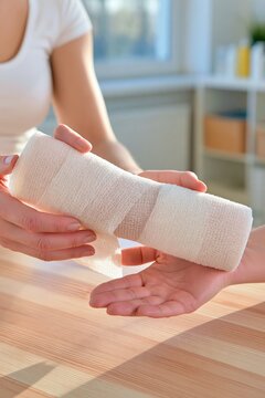 Persons hands apply elastic bandage to another persons arm.