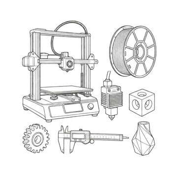 3D printer with filament spool, printed gear parts, and assembly tools vector line art icon set