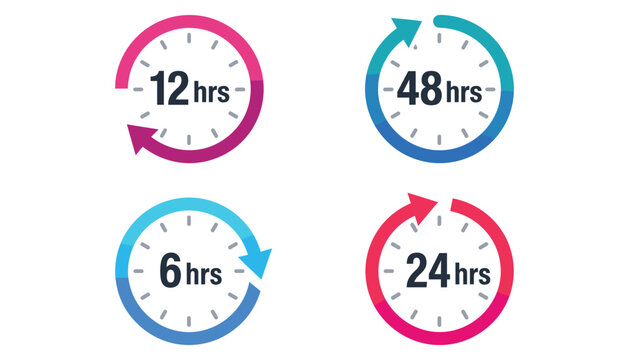 Delivery turnaround service hours icon set featuring circular arrow countdown clocks for six twelve twenty four and forty eight hrs vector