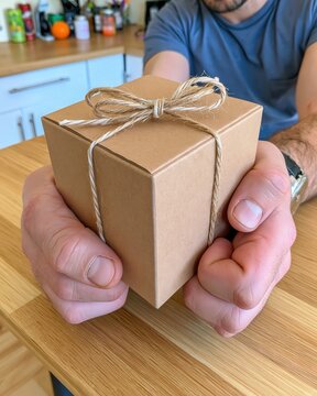 Person holding a small plain brown gift box tied with twine.