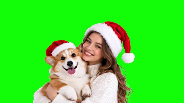 Smiling young woman wearing red Christmas sweater and Santa hat cuddling a happy Pembroke Welsh Corgi dog against bright green screen background, festive holiday pet celebration