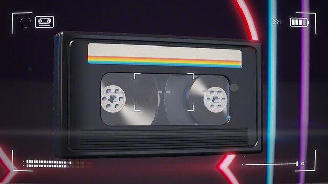 VHS Camcorder REC Frame Viewfinder HUD with 3D Floating Videocassette and Glitch Seamless Loop